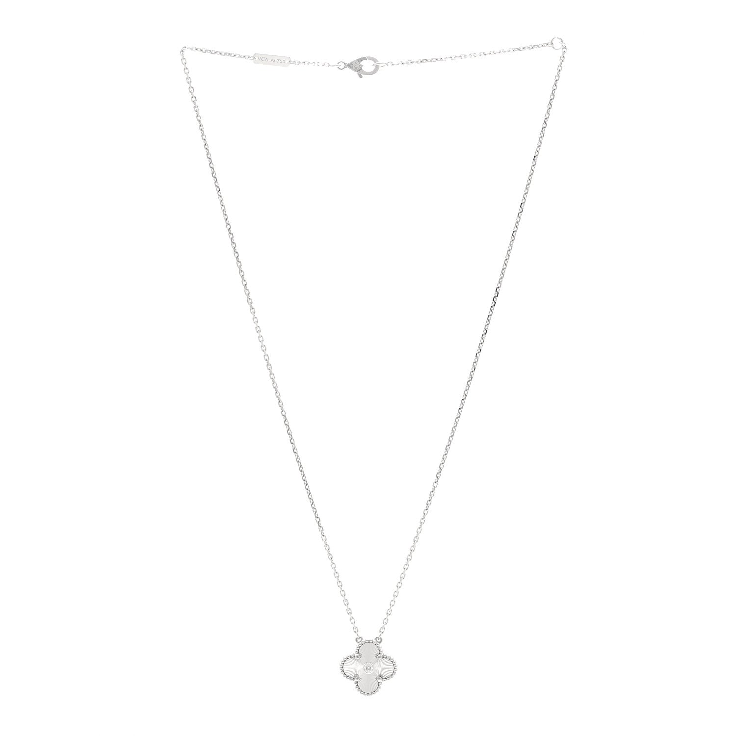 Van Cleef & Arpels 18K White Gold Diamond Guilloche Vintage Alhambra Pendant Necklace 3 of 6