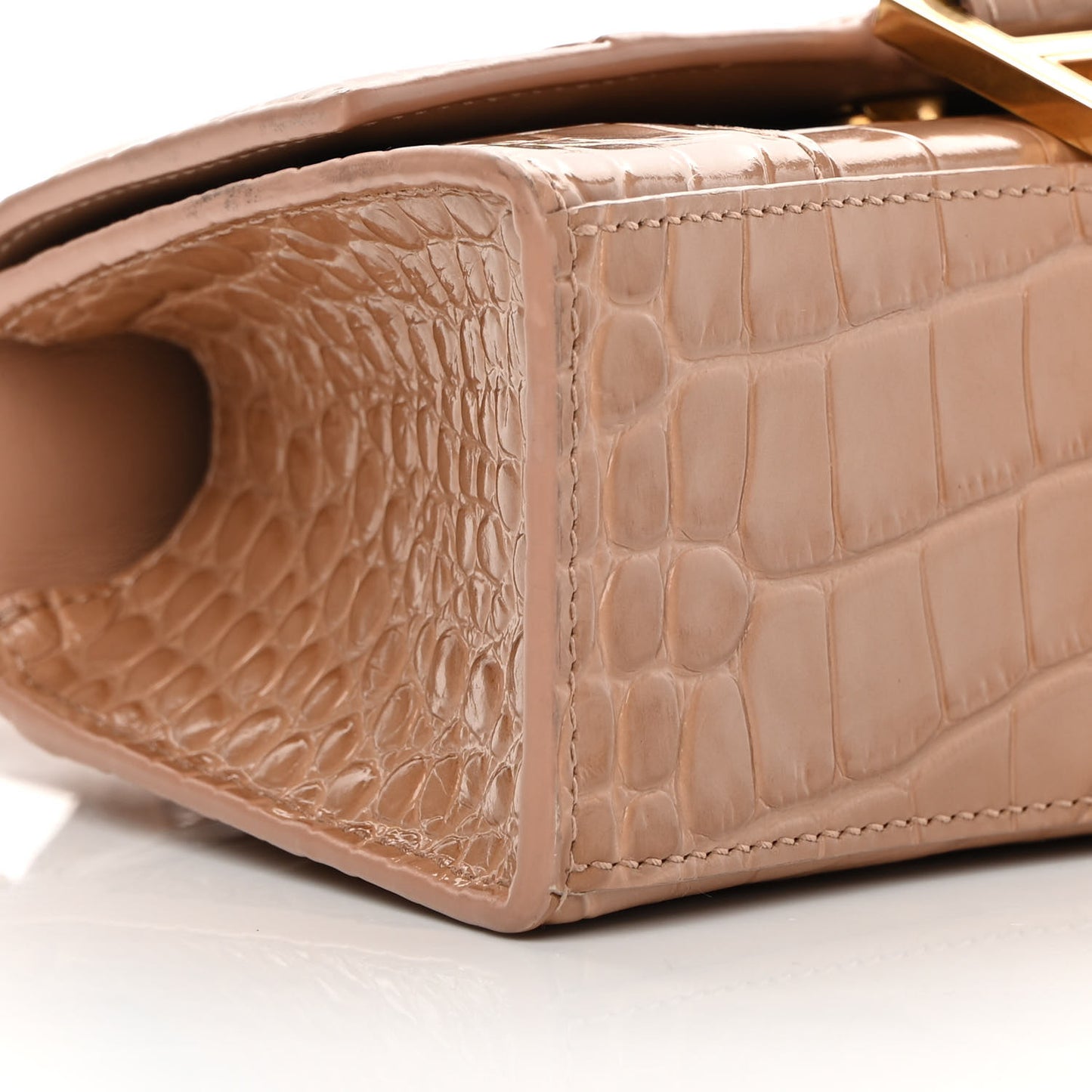 Shiny Calfskin Crocodile Embossed Hourglass Top Handle Bag XS Nude Beige