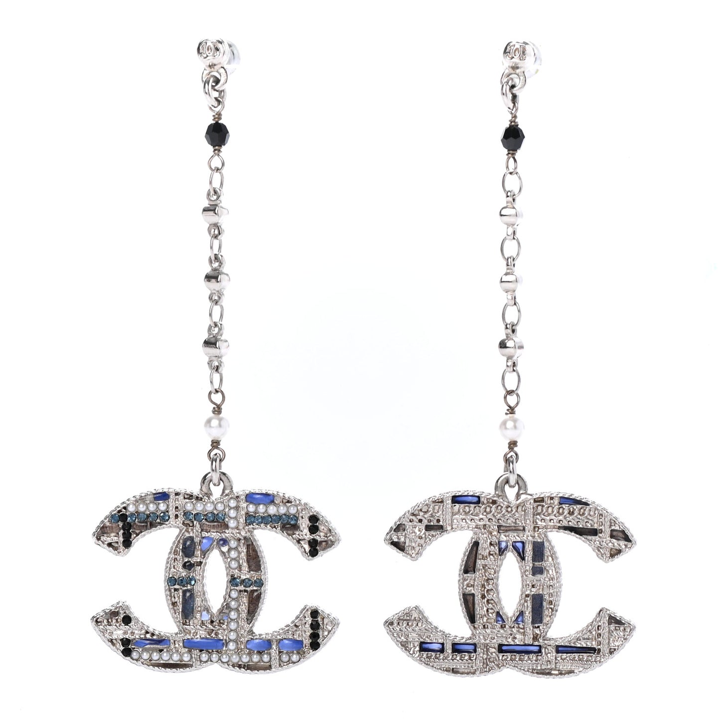 Pearl Crystal CC Tweed Drop Earrings Silver Blue Black