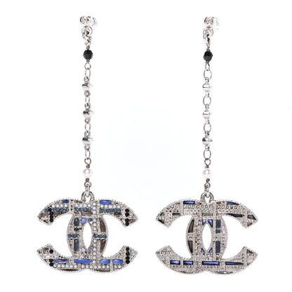 Chanel Pearl Crystal CC Tweed Drop Earrings Silver Blue Black 1 of 4
