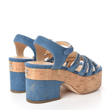 Chanel Denim Cork Chain Wedge Sandals 37 Blue 4 of 13