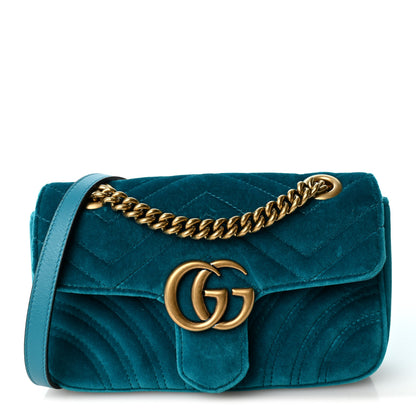 Gucci Velvet Matelasse Mini GG Marmont Shoulder Bag Pavone Cyan 1 of 10