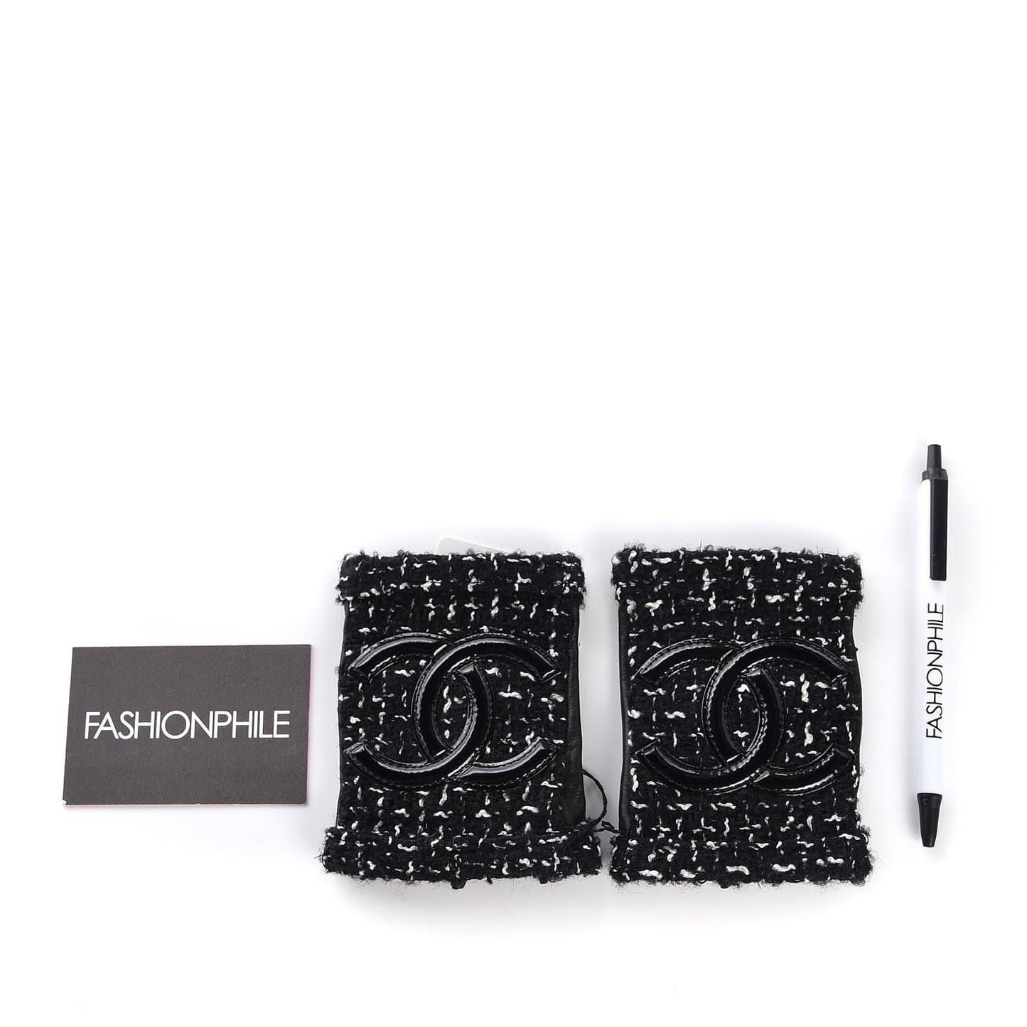 Lambskin Fantasy Tweed Patent CC Fingerless Gloves 6.5 Black White