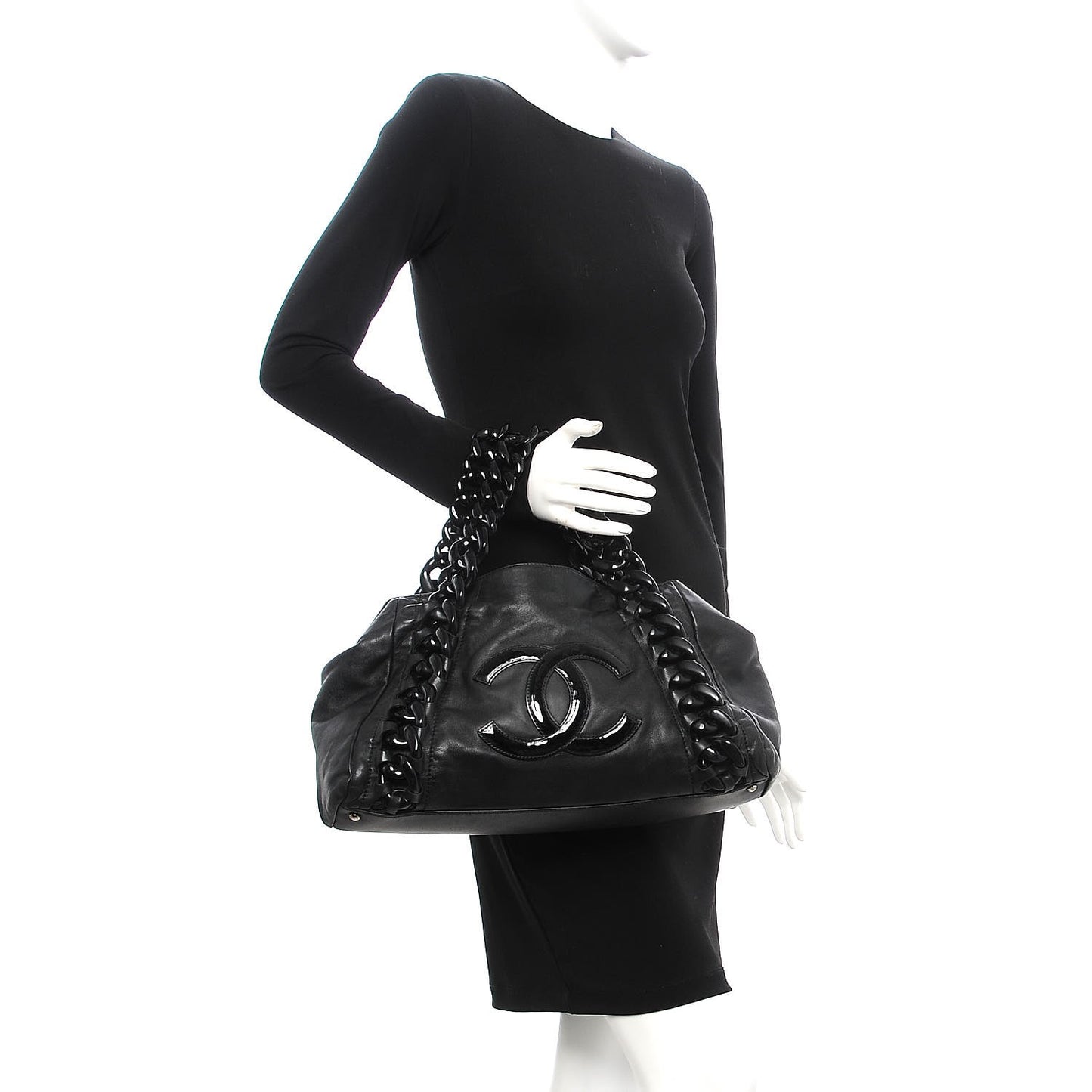 Calfskin Modern Chain Rhodoid East West Tote Black