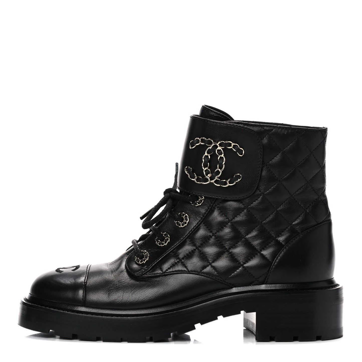 Shiny Lambskin Quilted Lace Up Combat Boots 38.5 Black