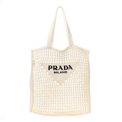 Prada Yarn Raffia Effect Crochet Logo Embroidered Tote Bag White 1 of 10