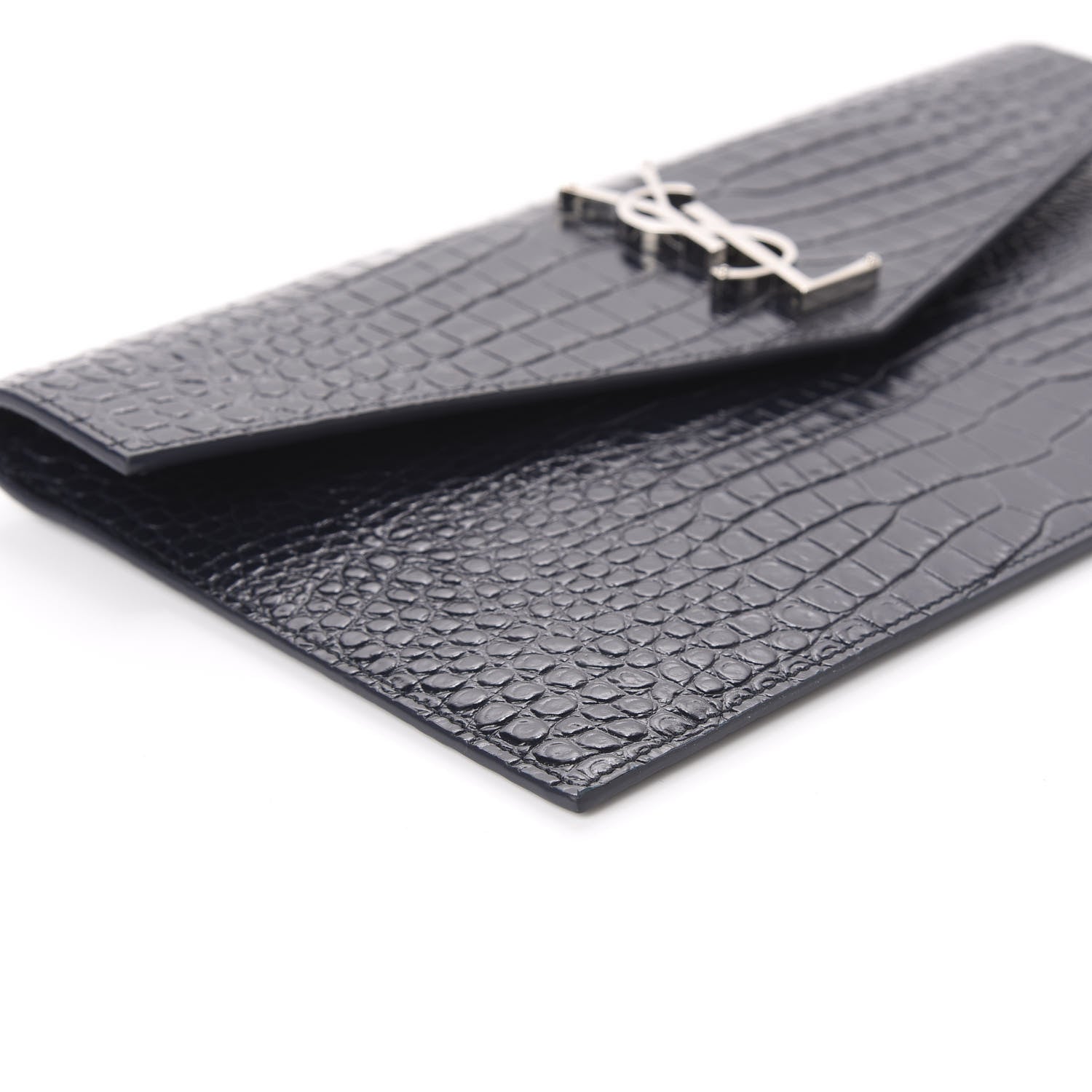 Saint Laurent Calfskin Crocodile Embossed Uptown Monogram Clutch Deep Marine 5 of 9