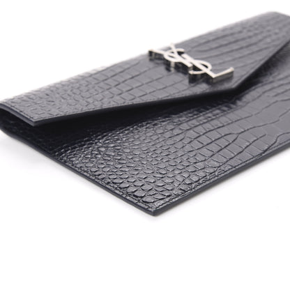 Saint Laurent Calfskin Crocodile Embossed Uptown Monogram Clutch Deep Marine 5 of 9