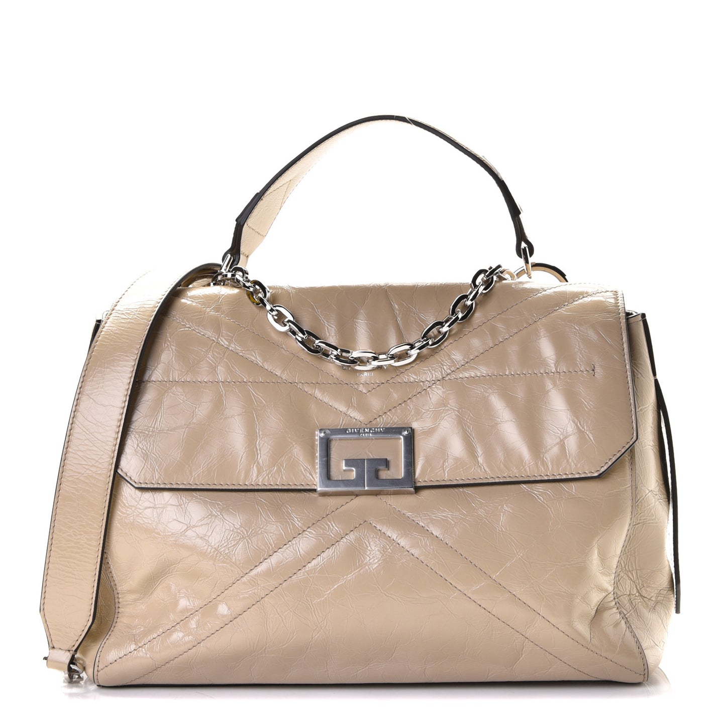Creased Patent Calfskin Medium ID Flap Beige
