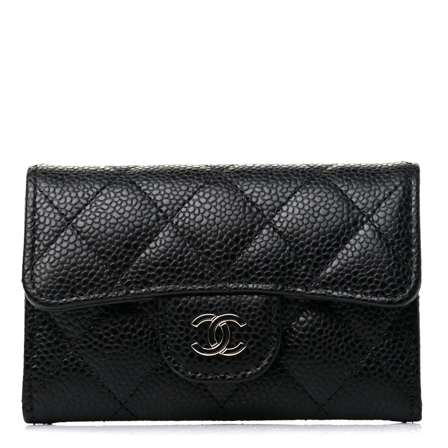 Caviar Quilted Flap Card Holder Wallet Black