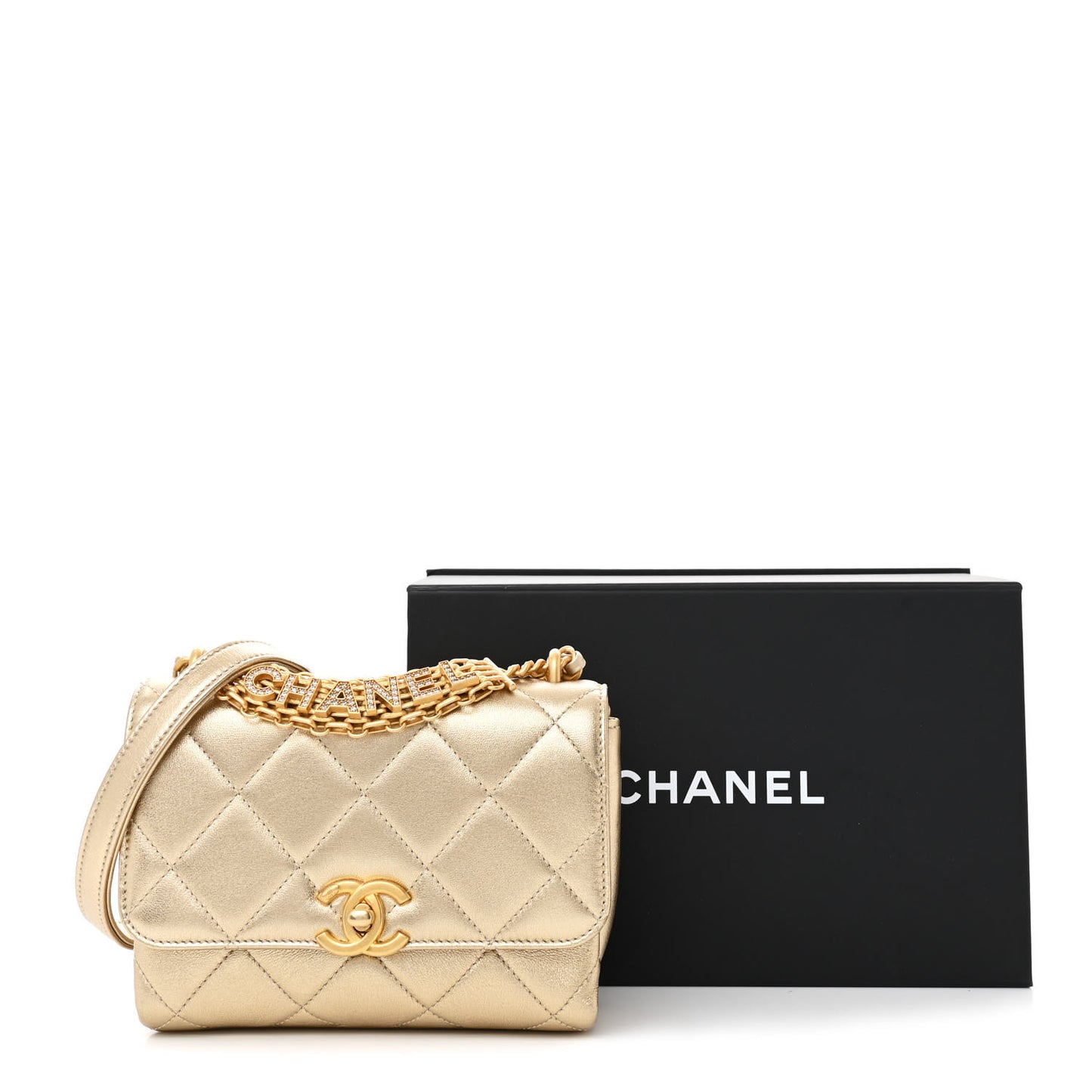 Metallic Lambskin Quilted Mini CC Crystal Logo Chain Flap Gold