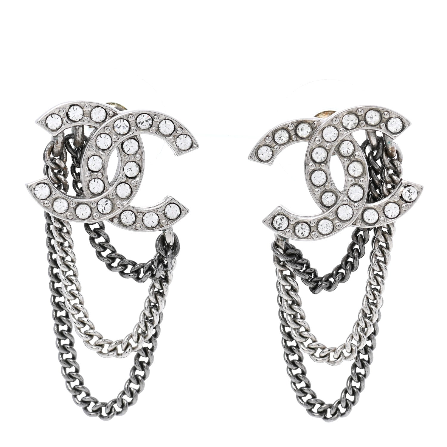 Chanel Crystal Chain CC Earrings Silver 1 of 5