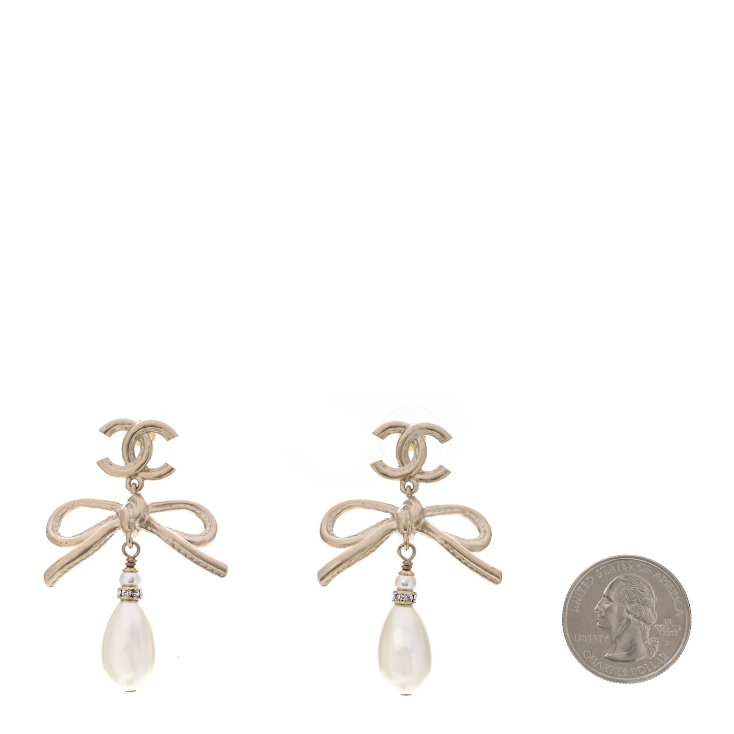 Pearl Crystal CC Bow Drop Earrings Gold Pearly White