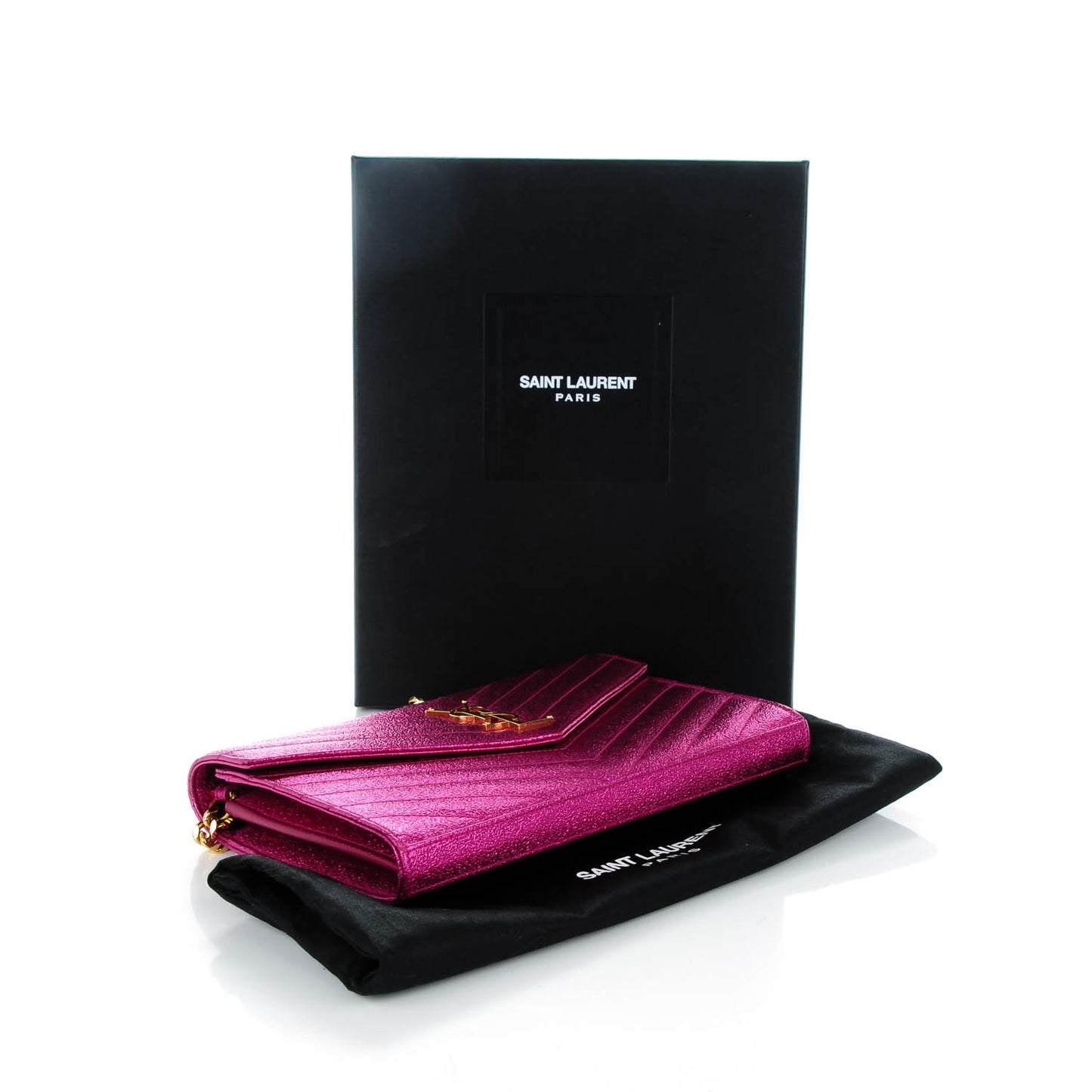 Metallic Crackled Calfskin Matelasse Chevron Monogram Chain Wallet Pink