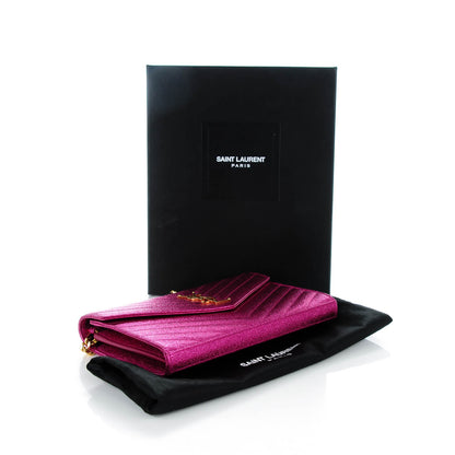 Saint Laurent Metallic Crackled Calfskin Matelasse Chevron Monogram Chain Wallet Pink 4 of 7