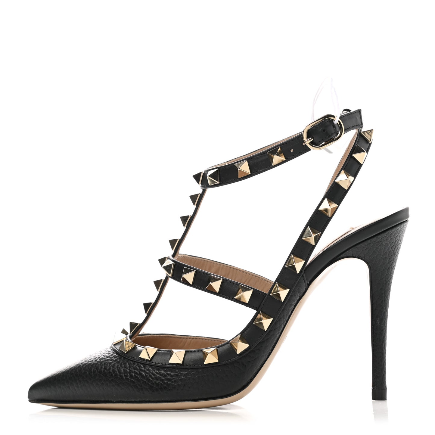 Pebbled Calfskin Rockstud Ankle Strap 100mm Pumps 35 Black