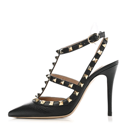 Valentino Garavani Pebbled Calfskin Rockstud Ankle Strap 100mm Pumps 35 Black 1 of 9