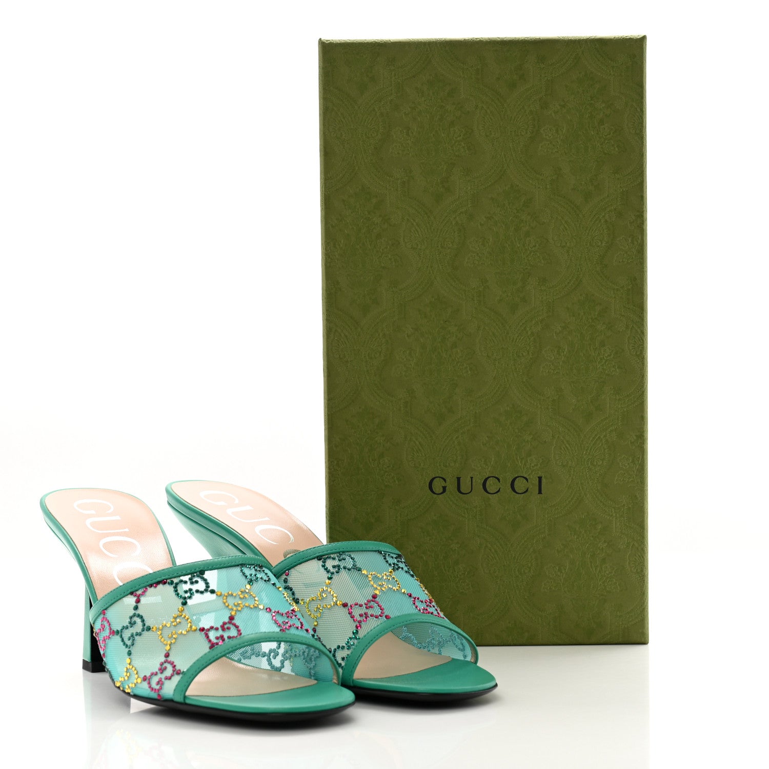 Gucci Tela Retino Nappa Crystal GG Monogram Square G 95mm Slide Sandals 40 Turquoise 9 of 9