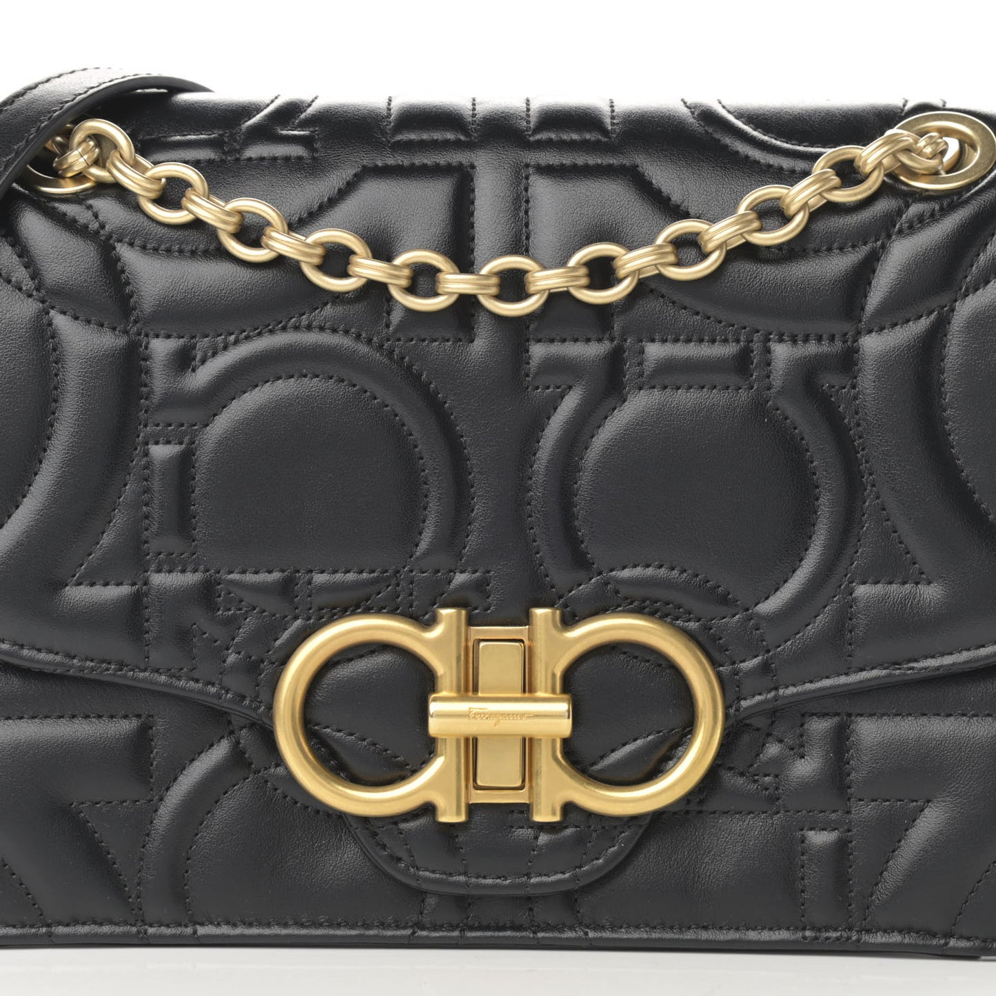 Calfskin Quilted Gancini Flap Bag Black