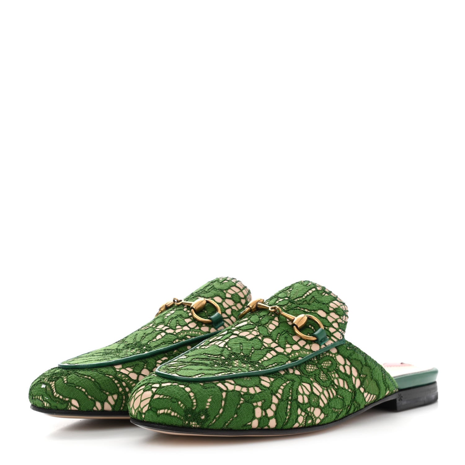 Gucci Lace Malaga Kid Womens Princetown Slippers 36.5 Green Grass Skin Rose 3 of 8