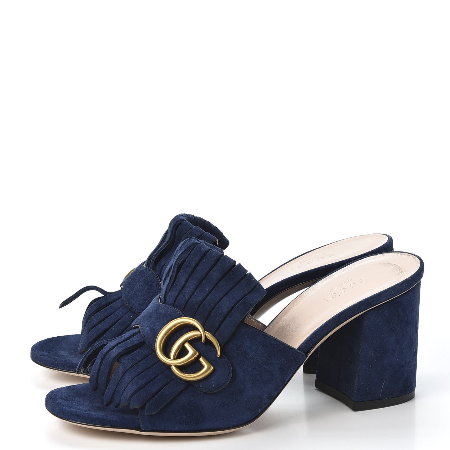 Kid Scamosciato GG Marmont Fringe 75mm Slide Sandals 38.5 Blue Ink