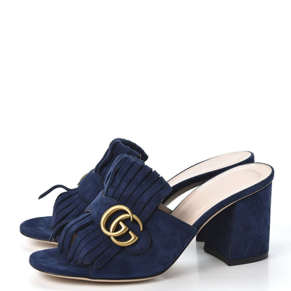 Gucci Kid Scamosciato GG Marmont Fringe 75mm Slide Sandals 38.5 Blue Ink 2 of 10
