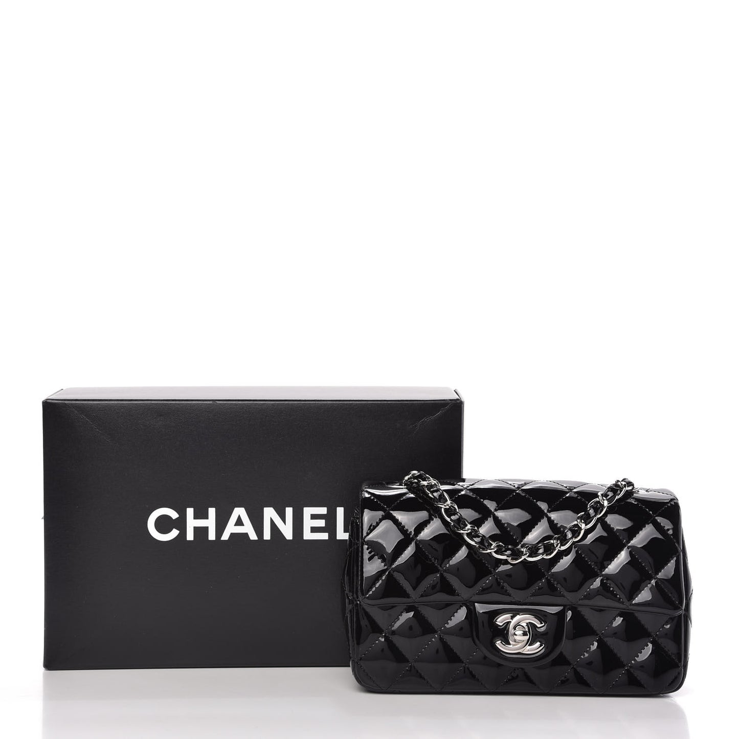 Patent Calfskin Quilted Mini Rectangular Flap Black