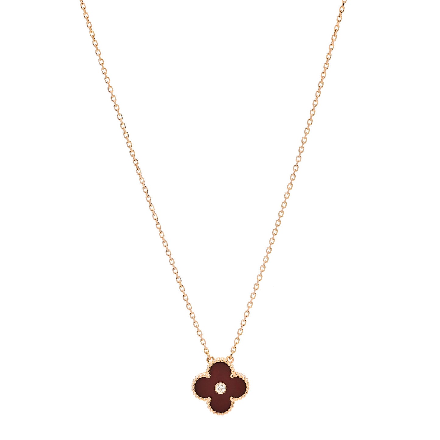 18K Rose Gold Diamond Carnelian Vintage Alhambra Pendant Necklace