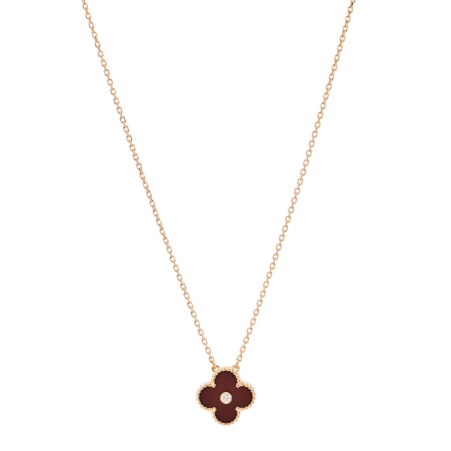Van Cleef & Arpels 18K Rose Gold Diamond Carnelian Vintage Alhambra Pendant Necklace 1 of 5