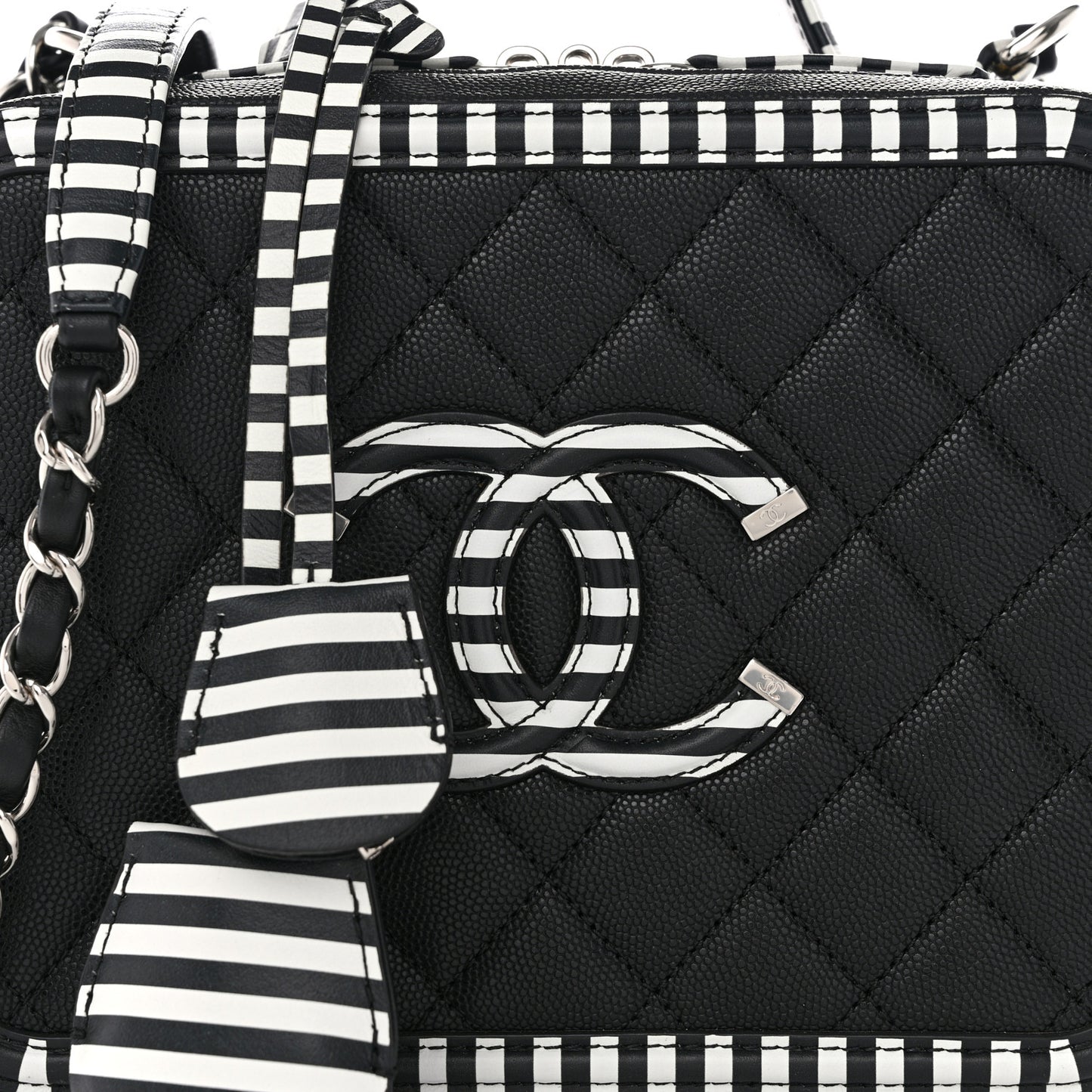 Caviar Quilted Striped Medium CC Filigree Vanity Case Black White