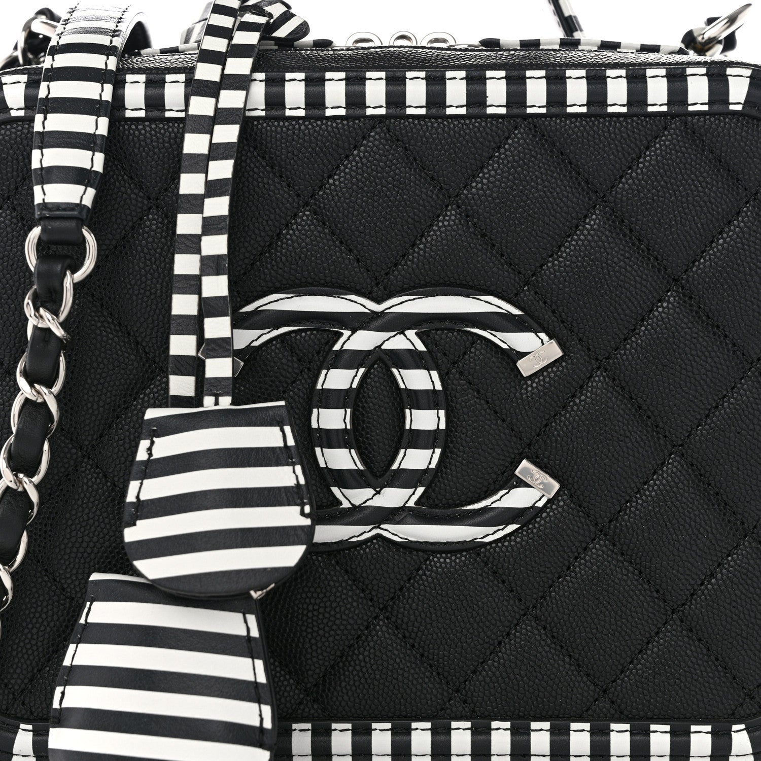 Chanel Caviar Quilted Striped Medium CC Filigree Vanity Case Black White 8 of 10
