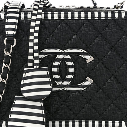 Chanel Caviar Quilted Striped Medium CC Filigree Vanity Case Black White 8 of 10
