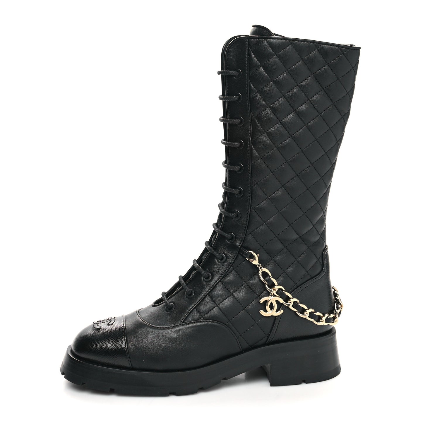 Shiny Calfskin Patent Quilted Chain Lace Up Combat Boots 39.5 Black