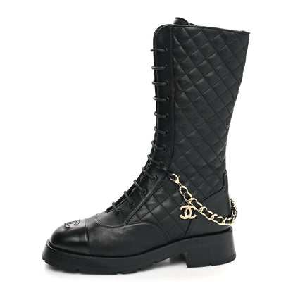 Chanel Shiny Calfskin Patent Quilted Chain Lace Up Combat Boots 39.5 Black 1 of 7