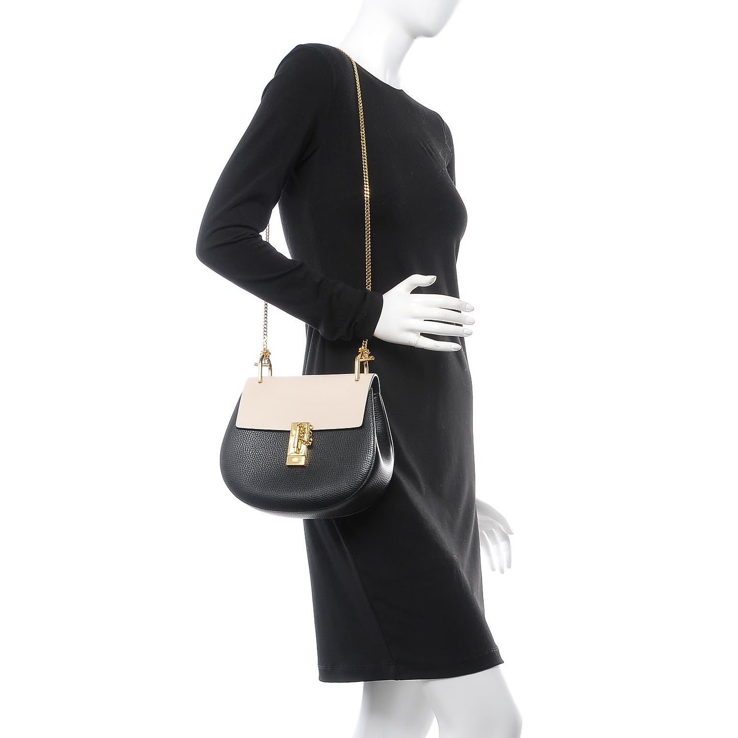 Grained Calfskin Lambskin Bi-Color Drew Shoulder Bag Black Powder Beige