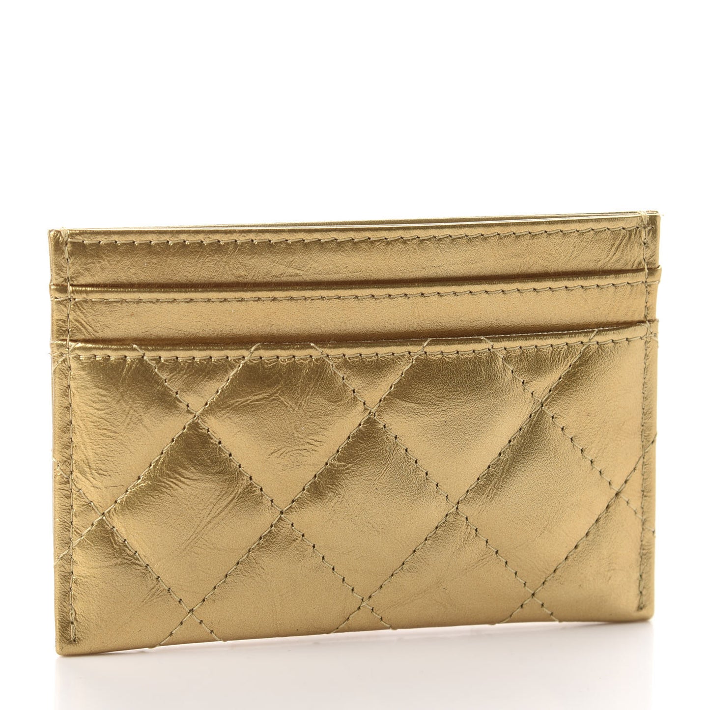 Aged Metallic Calfskin Pearl CC Quilted Card Holder Gold