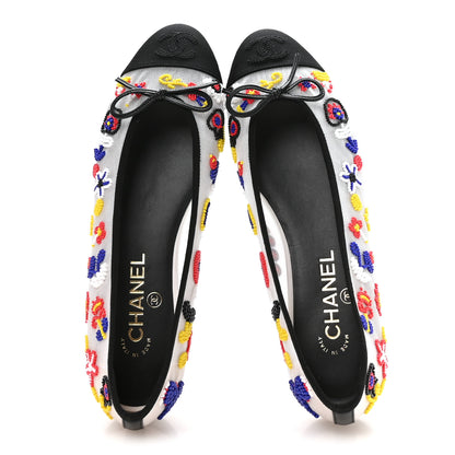 Chanel Mesh Pearl Grosgrain Cap Toe CC Coco Beach Ballerina Flats 39 Multicolor Black 2 of 8