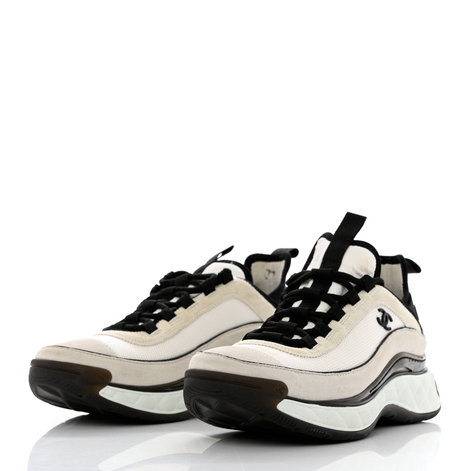 Chanel Velvet Calfskin Mixed Fibers CC Sneakers 38.5 Ivory Black 3 of 12