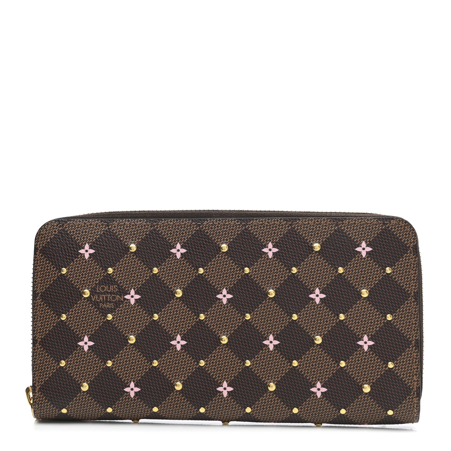 Damier Ebene Studded Zippy Wallet Rose Ballerine