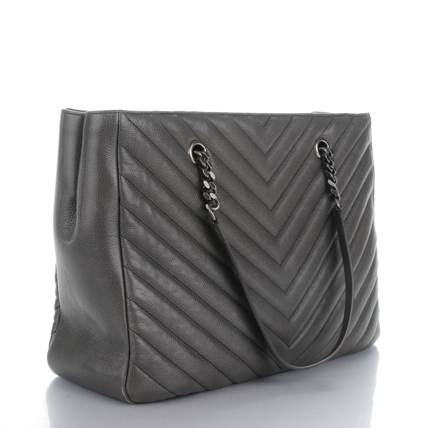 Saint Laurent Sheepskin Matelasse Chevron Large Monogram Shopping Bag Light Coal 3 of 7