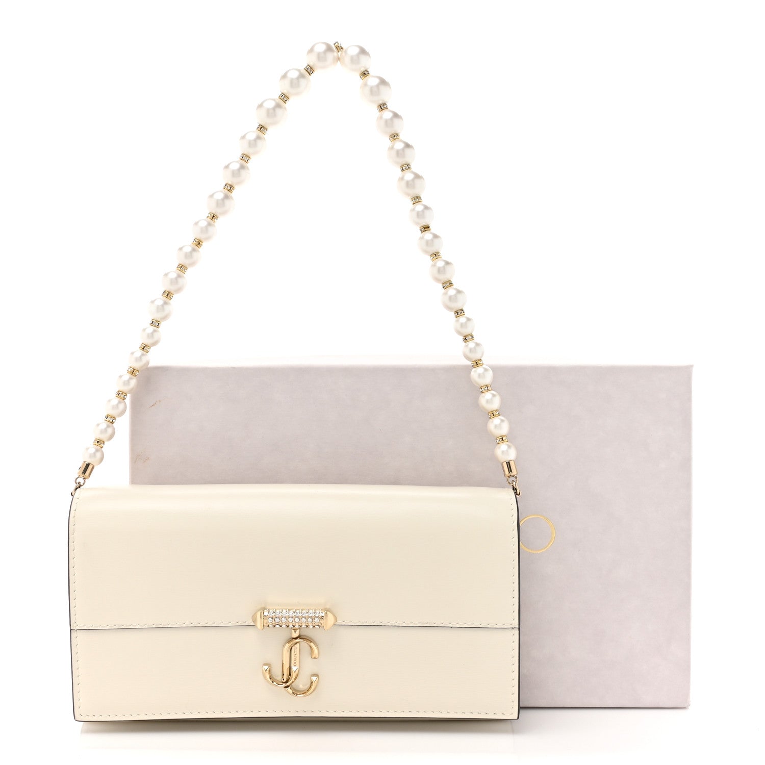 Jimmy Choo Box Calfskin Varenne Pearl Avenue Chain Clutch Latte 13 of 13