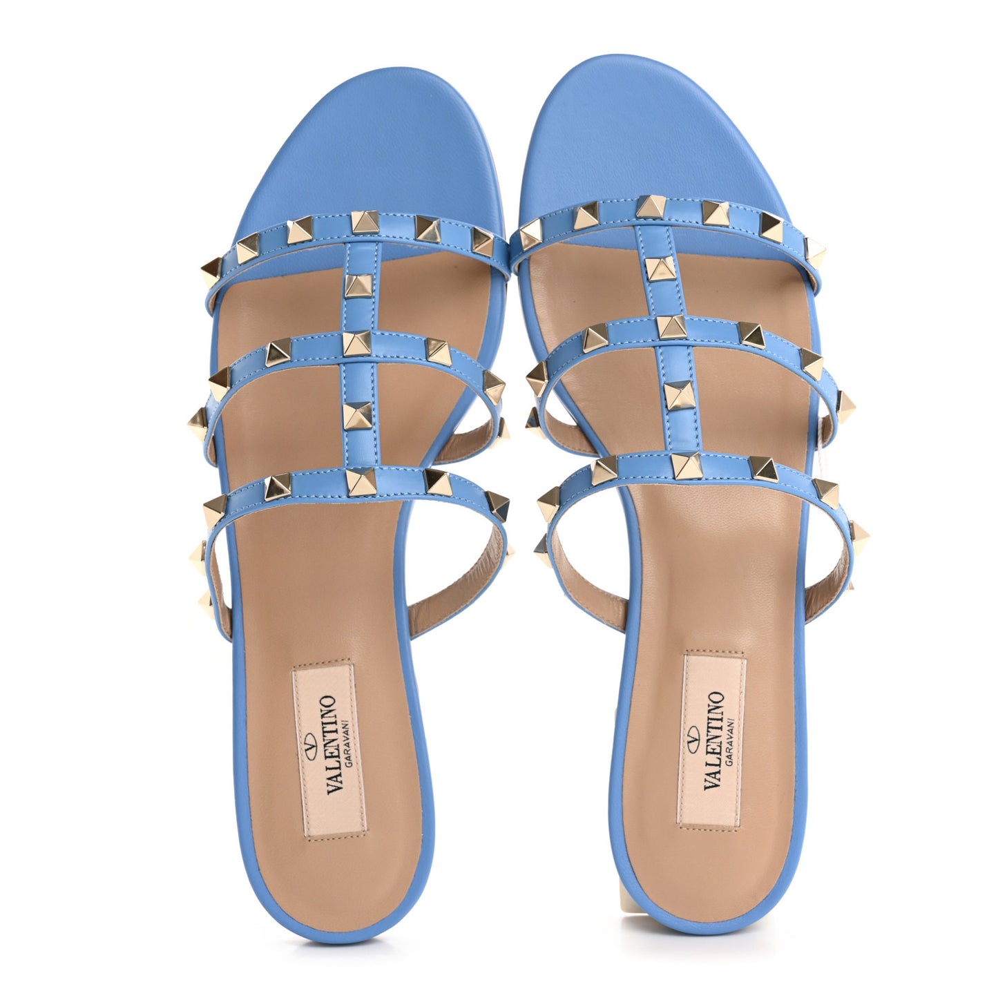 Nappa Rockstud Caged Flat Slide Sandals 39.5 Denim