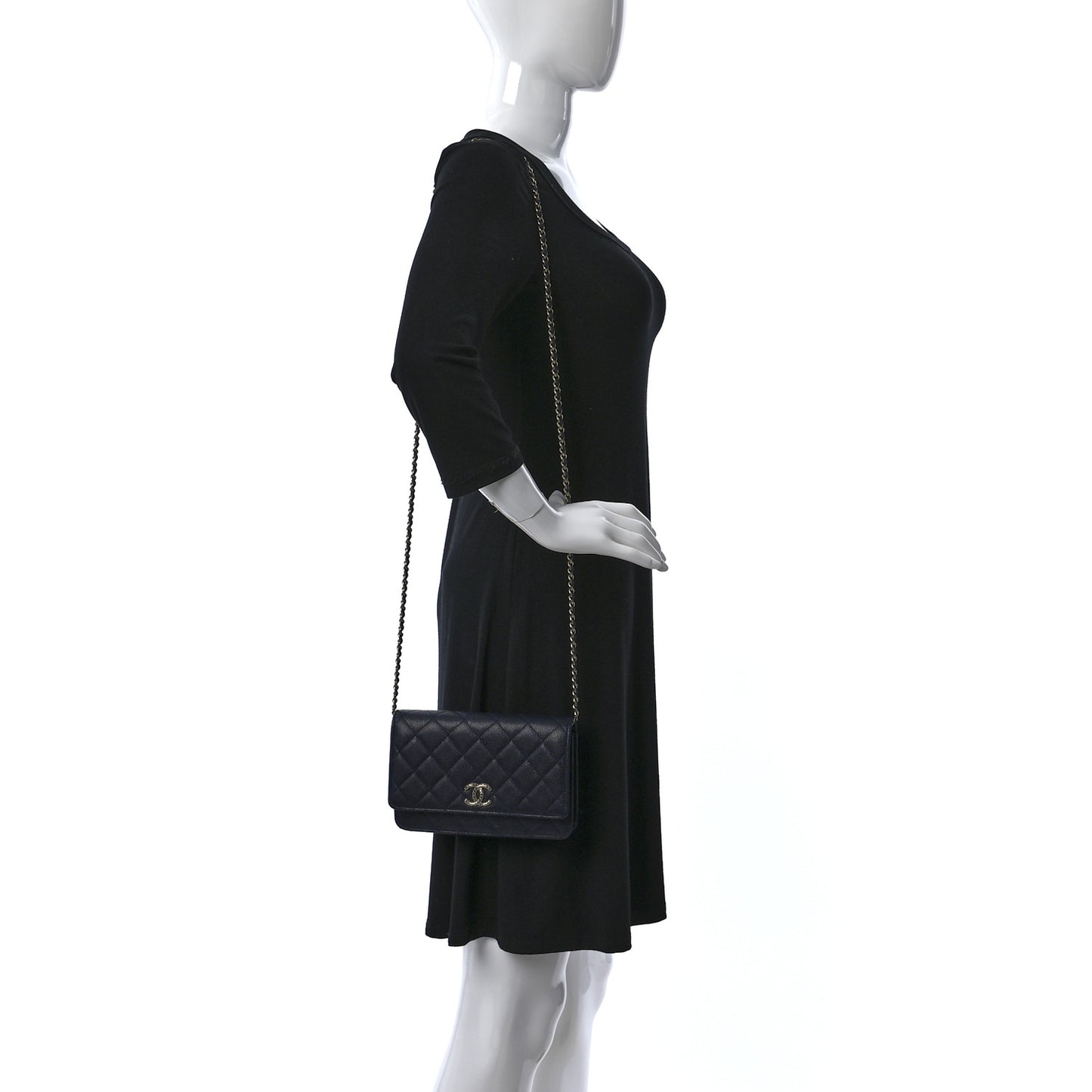 Caviar Quilted Perforated Metal Wallet On Chain WOC Navy