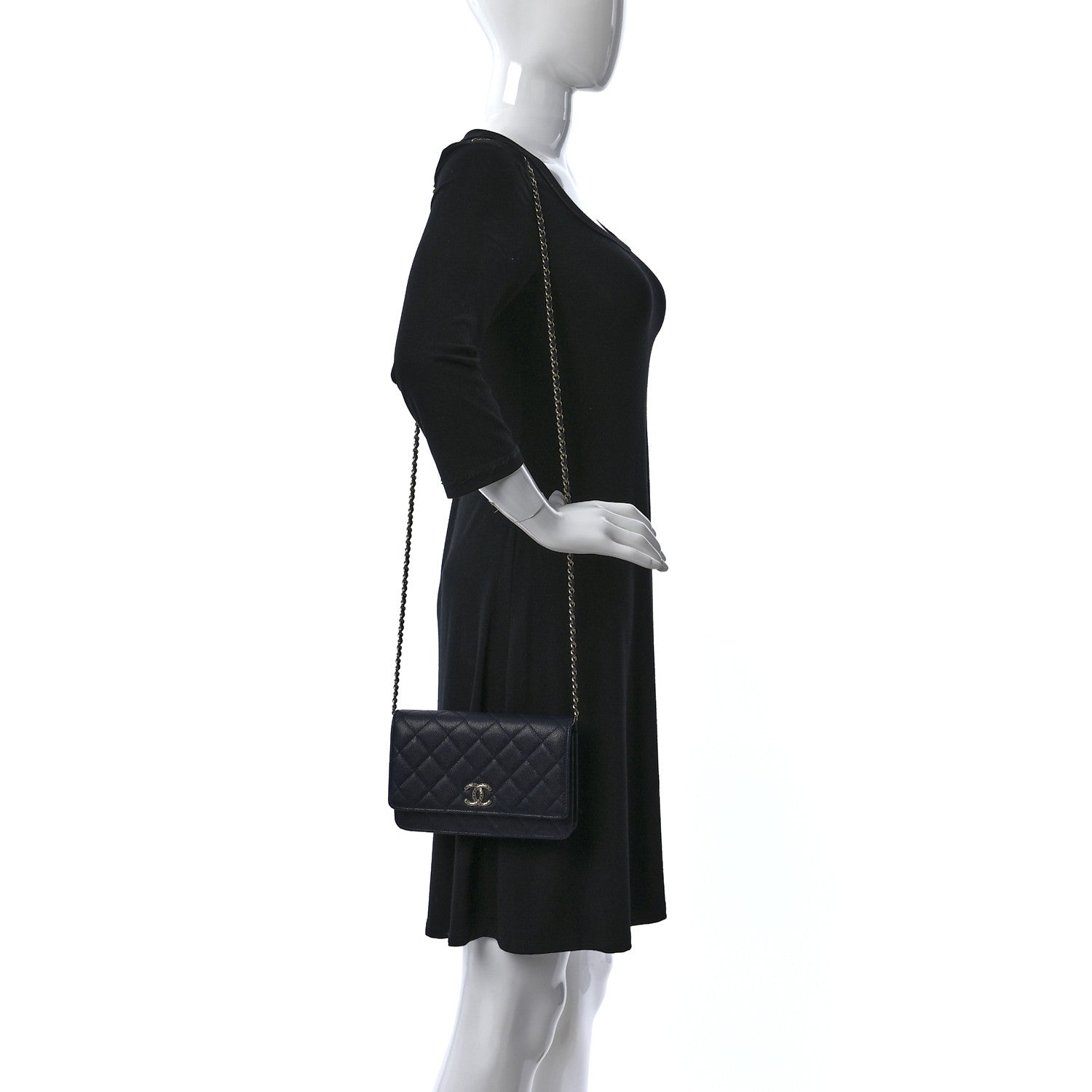Chanel Caviar Quilted Perforated Metal Wallet On Chain WOC Navy 2 of 10