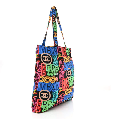 Chanel Caviar Fabric Graffiti Foldable Tote Bag With Chain Black Multicolor 4 of 17