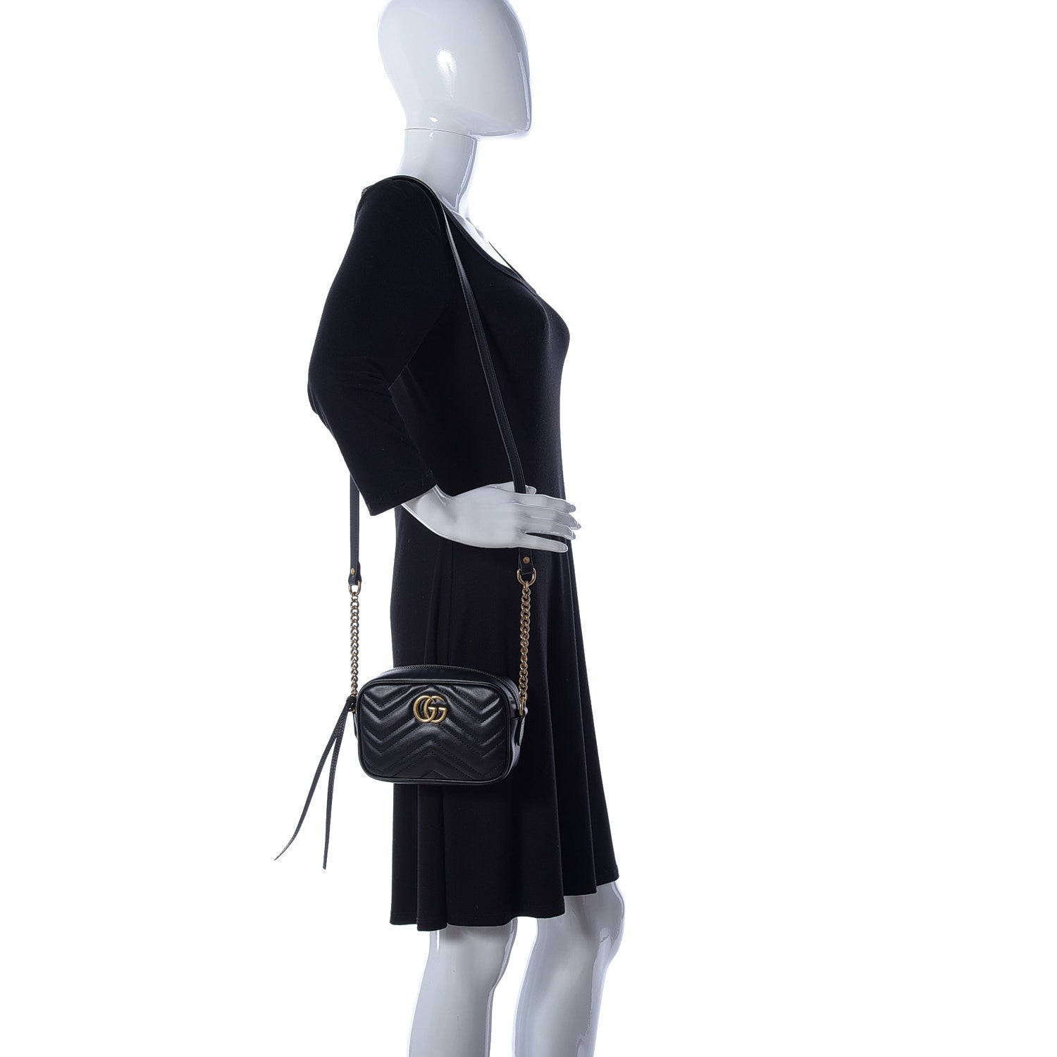Gucci Calfskin Matelasse Mini GG Marmont Chain Shoulder Bag Black 2 of 17