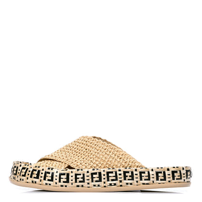 Fendi Raffia FF Woven Reflections Crisscross Slide Sandals 37 Naturale Black 1 of 4