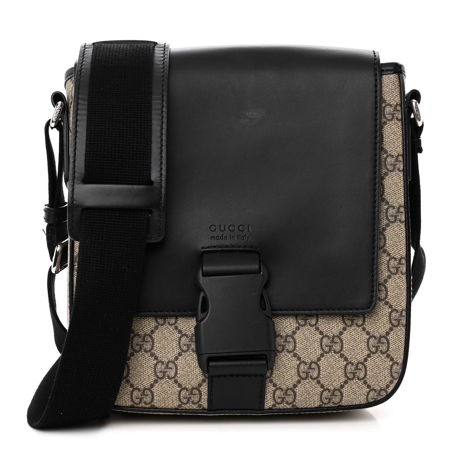 Gucci GG Supreme Monogram Single Buckle Flap Messenger Bag Beige Black 1 of 14
