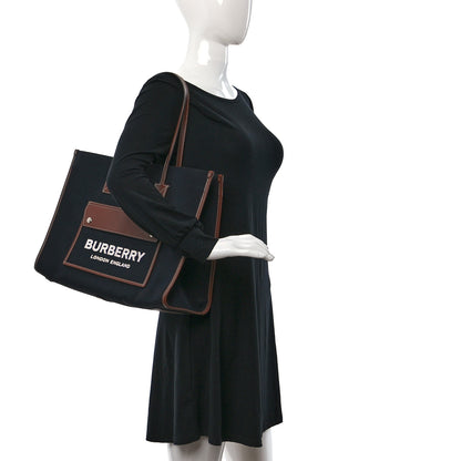 Burberry Canvas Smooth Calfskin Medium Two Tone Freya Tote Black Tan 2 of 8