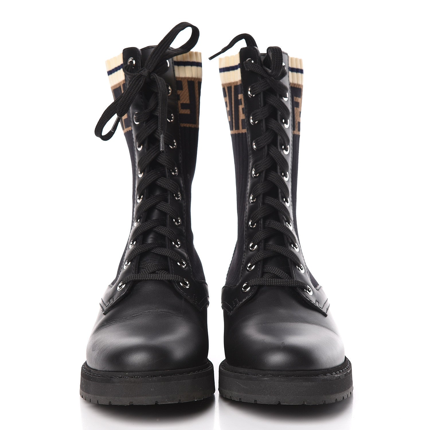 Fendi Calfskin Stretch Fabric Rockoko Biker Boots 38 Tobacco Black Marino 2 of 10